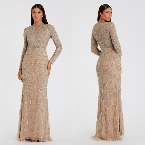 NWT Mac Duggal 5124 Beige Long Sleeve Beaded Evening Gown Size 12 - Picture 1 of 10